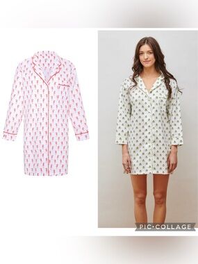 Marigot Lorient Pink Octopus Block Print Cotton Poplin Nightshirt Size S